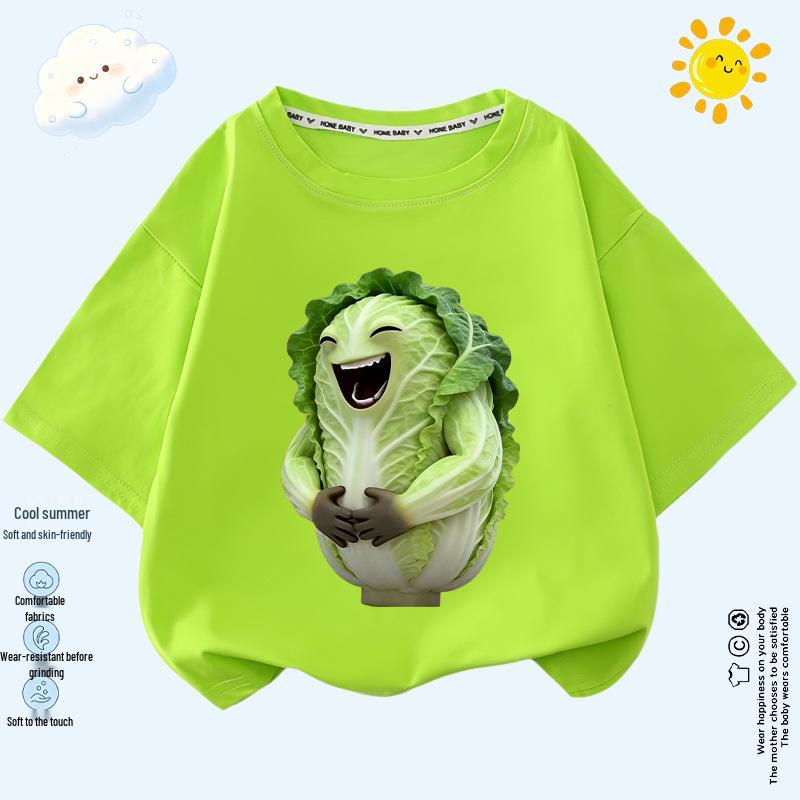 Kids' Smiling Cabbage Short Sleeve T-shirt - Fun Veggie Print, Lightweight, Unisex