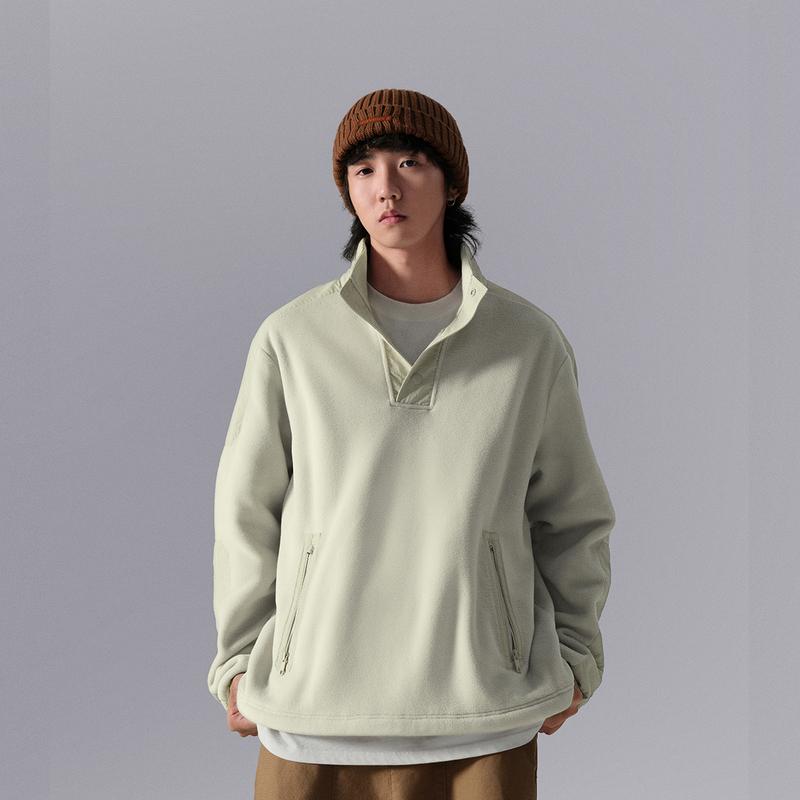 Li Ning CF Loose Solid Color Pullover Long Sleeve Fleece Warm Sweatshirt Men Sweatshirt Lime AWDUD07-1