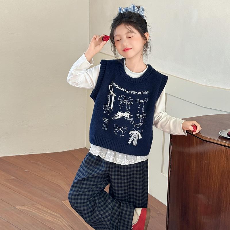 2025 Girls' Sweater Vest & Jeans Set - Spring/Autumn Knitwear for Big Girls and Middle School Students
