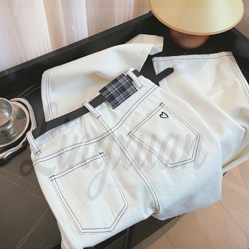 High-Waisted White Denim Pants with Heart Embroidery - Women’s Spring/Summer Collection Extra Large
