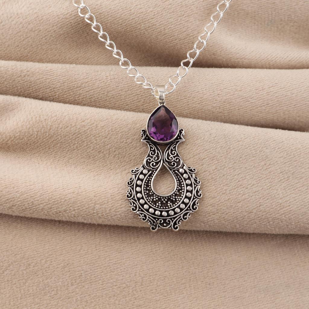 Amethyst Gemstone 925 Sterling Silver Handmade Jewelry Designer Pendant 1.8" For Your Love CP-45-2