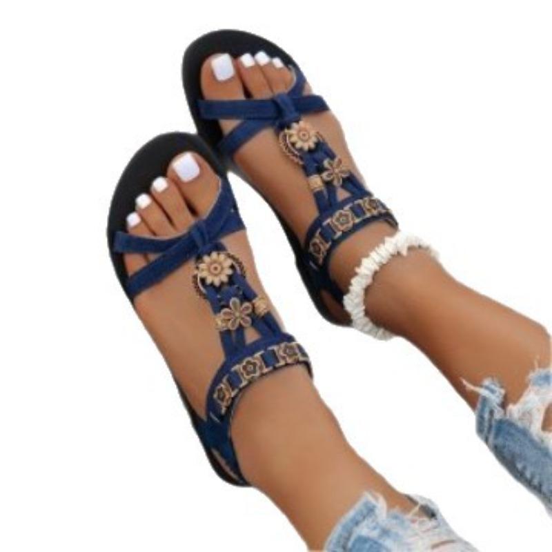 Neue große Größe flache Sohle Damen Sommer flacher Absatz Perlenbesetzte Boho-Sandalen offene Zehen elastische Strandschuhe Damen
