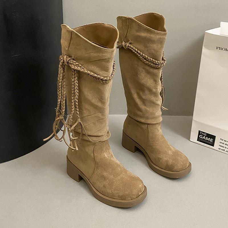 

2025 осень ретро пустошь бахрома рыцарские сапоги толстый каблук но сапоги до колена тонкий ворс полусапоги 40