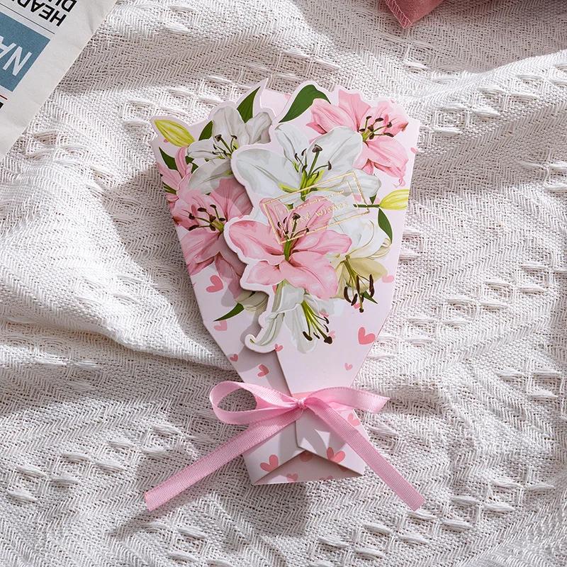 1pcs 3D Bouquet Greeting Card Bow Foil Valentine's Day Christmas Blessing Thank You Gift Message Thanksgiving Greeting Card