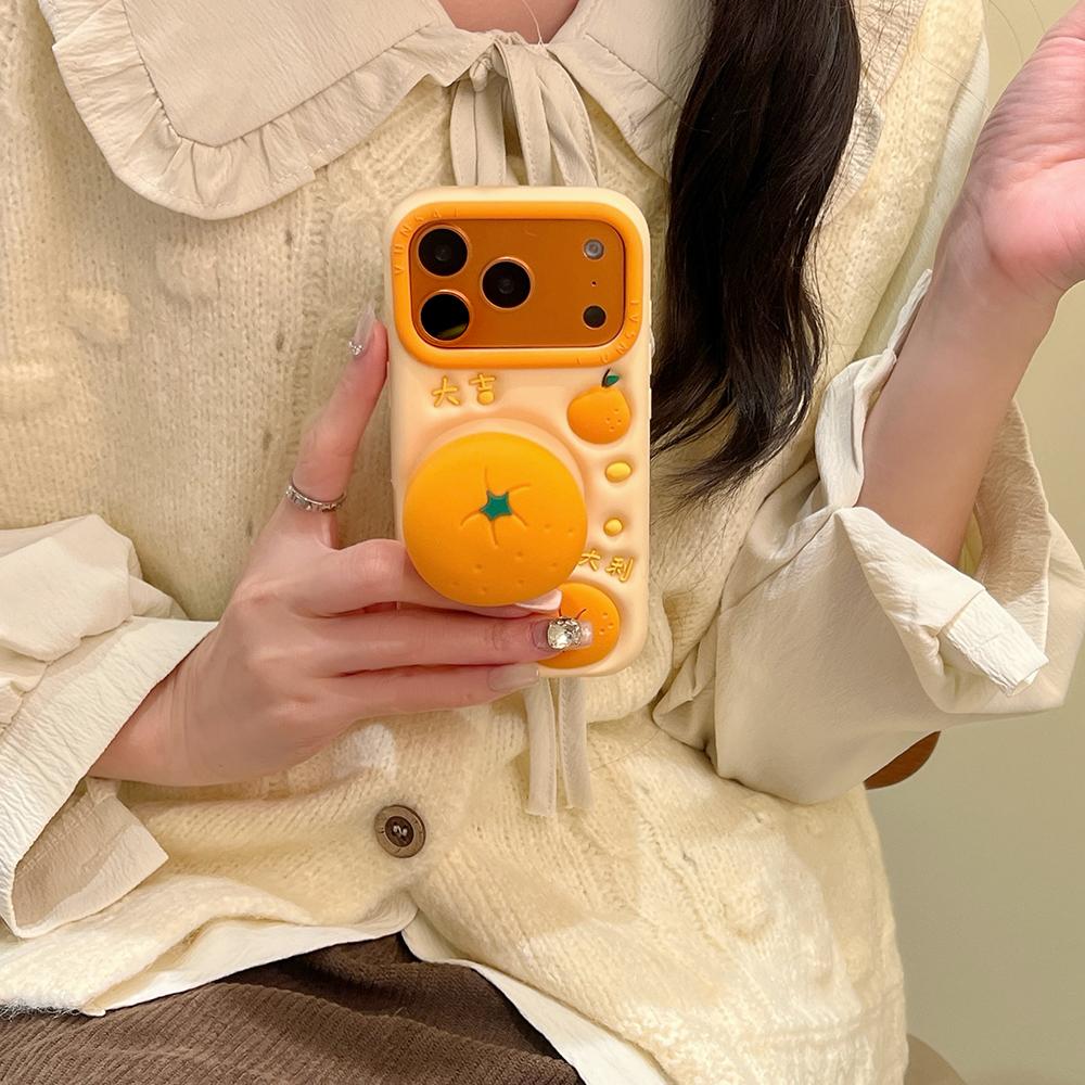 For iPhone 17 16 Plus 16e 15 14 13 12 Pro Max Funny 3D Fruit Orange Telescopic Bracket Case Soft Silicone Stand Holder Cover
