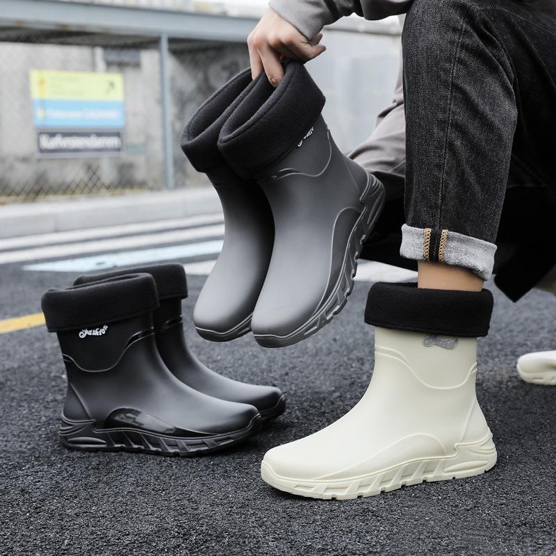 Rain Shoes Men's Medium Tube Non-slip Fishing Rain Boots Waterproof Shoes Velvet Warm Kitchen Bundle Rubber Shoes Car Wash Overshoes