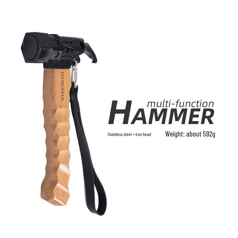 Portable Outdoor Multifunctional Camping Hammer with Stainless Steel Awning Head and Beech Wood Handle