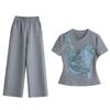 European gray casual sports suit women's summer new fashion age-reducing short-sleeved printed T-shirt wide-leg pants two-piece set