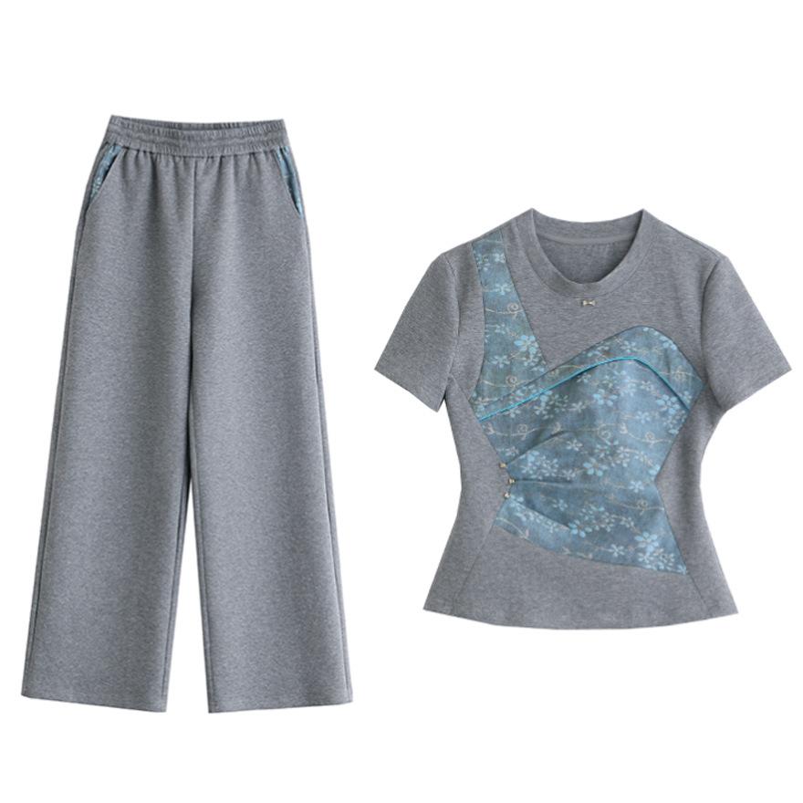 European gray casual sports suit women's summer new fashion age-reducing short-sleeved printed T-shirt wide-leg pants two-piece set