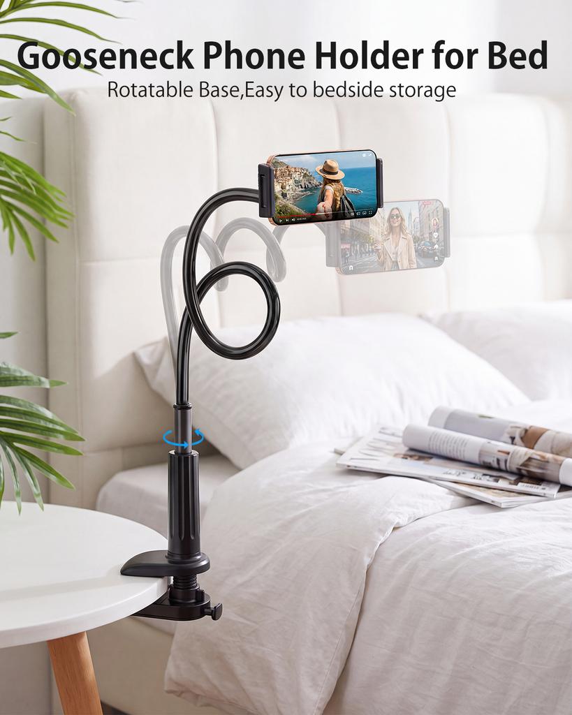 Oatsbasf Flexible Gooseneck Phone Holder for Bed, Bedside, Desk,Headboard,31.5in Long Arm, 360° Rotation Overhead Phone Mount