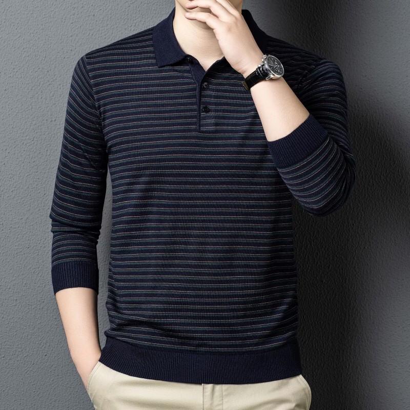 ROMON Men's Wool Blend Striped Polo Neck Sweater