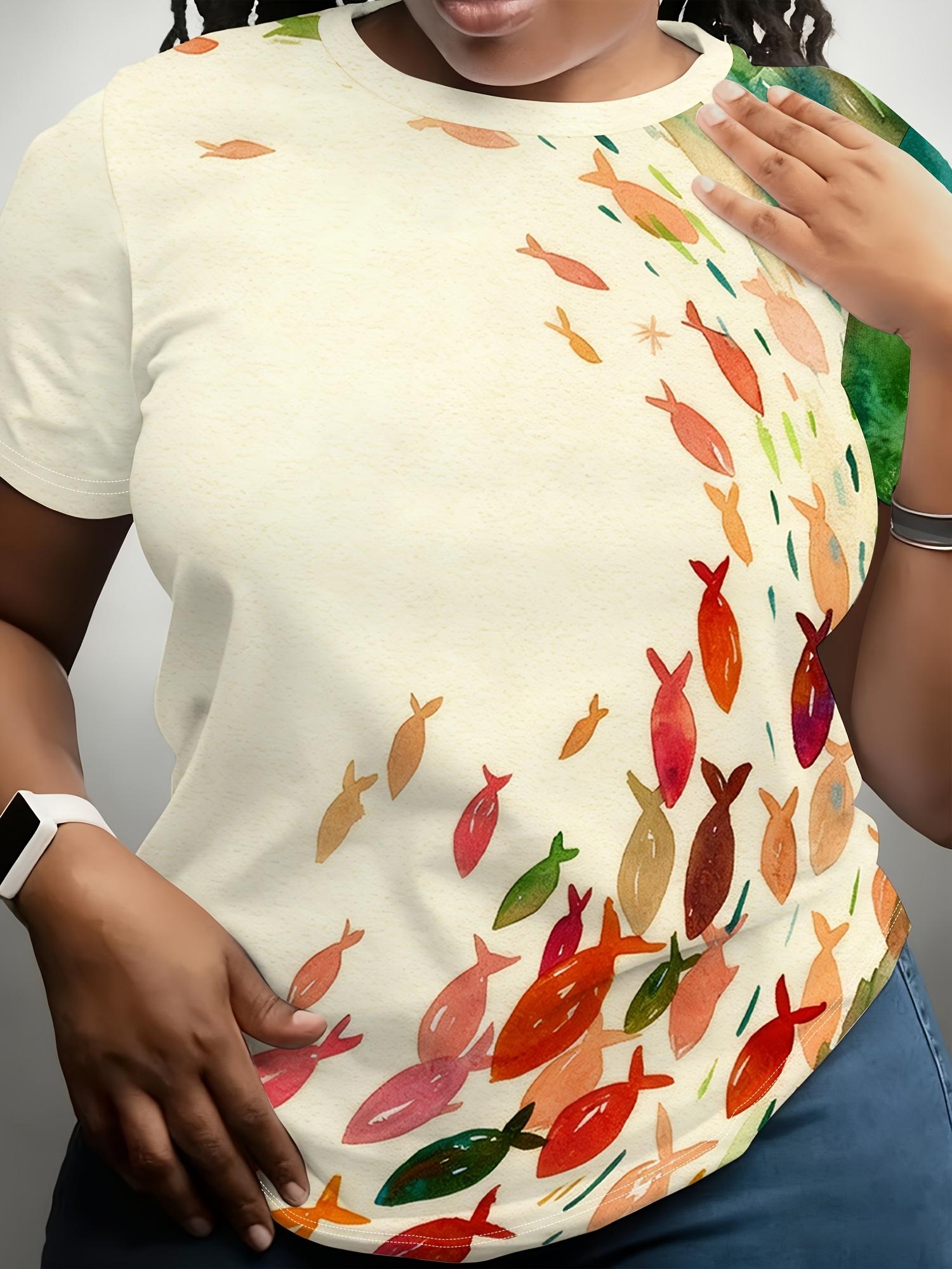 

Women s Short-sleeve T-shirt in with an All-over Print Featuring Colorful Watercolor-style Fish Prints. Exuding a Fresh and Lively Vibe. Suitable for L дубильная кора
