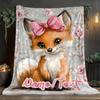 Custom Fox Fleece Blanket With Pink Bow Personalized Name Cute Animal Print Throw Soft Warm All Season Bedding Gift For Girls