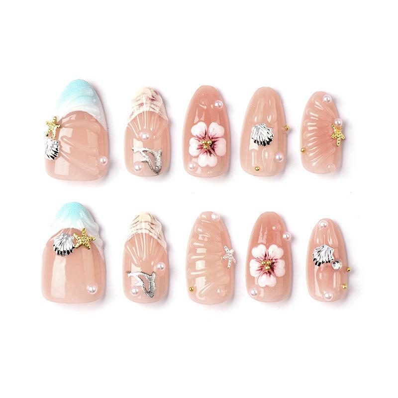 3D Korean Gold Leaf Shell Flower Rhinestone Nails - Handmade Wearable Almond Nail Tips