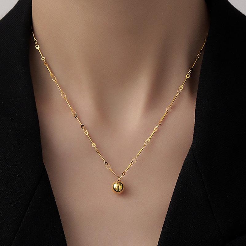 18K Gold Plated Titanium Steel Round Ball Pendant Necklace - Lightweight Luxury Clavicle Chain
