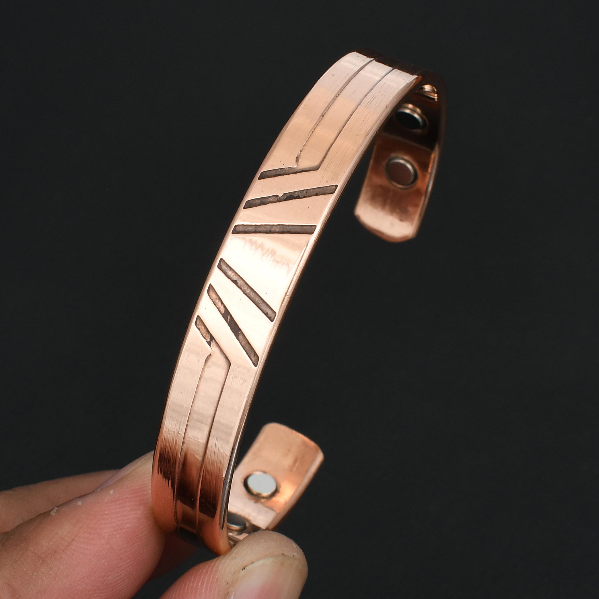 Copper Magnetic Open Cuff Bracelet for Men & Women Adjustable Bangle Wristband with Geometric Engraved Design Fashion Jewelry