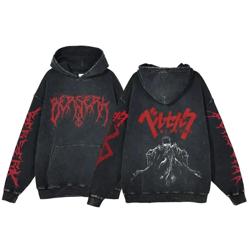Anime Chaud Berserk Guts Imprimé à Capuche Homme Manga Sweat-shirts à Capuche Délavés Décontractés Amples en Coton Sweat-shirt Harajuku Unisexe Streetwear Hauts