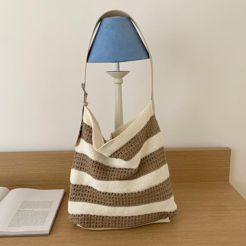 Striped Polyester Woven Tote Bag for Women Color Block Adjustable Shoulder Crossbody Purse хаки