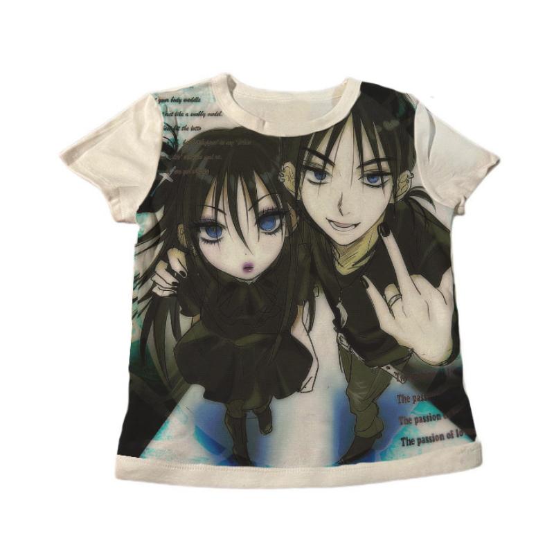 

Европейский и американский Y2K Персонализированный мультяшный аниме принт Круглый вырез Женский летний модный топ L