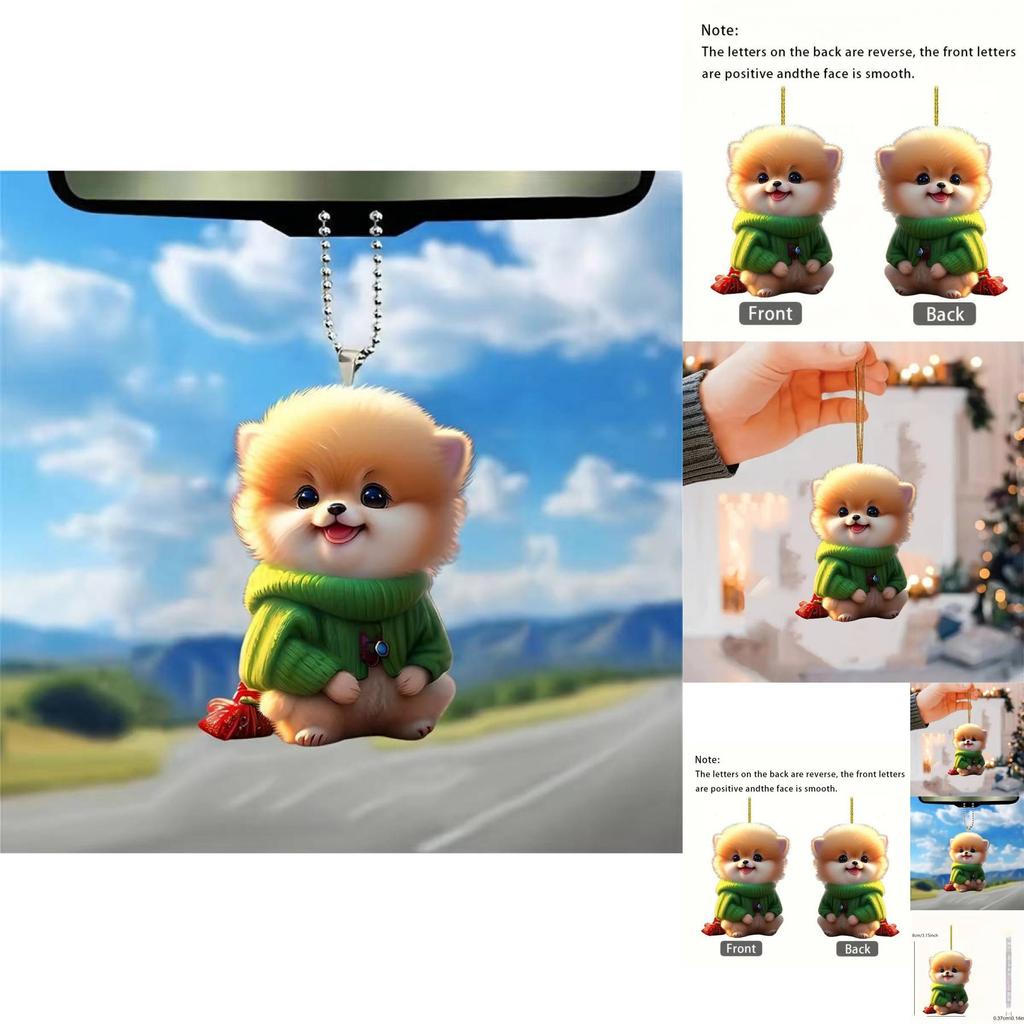 Adorable Plush Dog Acrylic Car Rearview Mirror Hanging Decoration Charm Gift