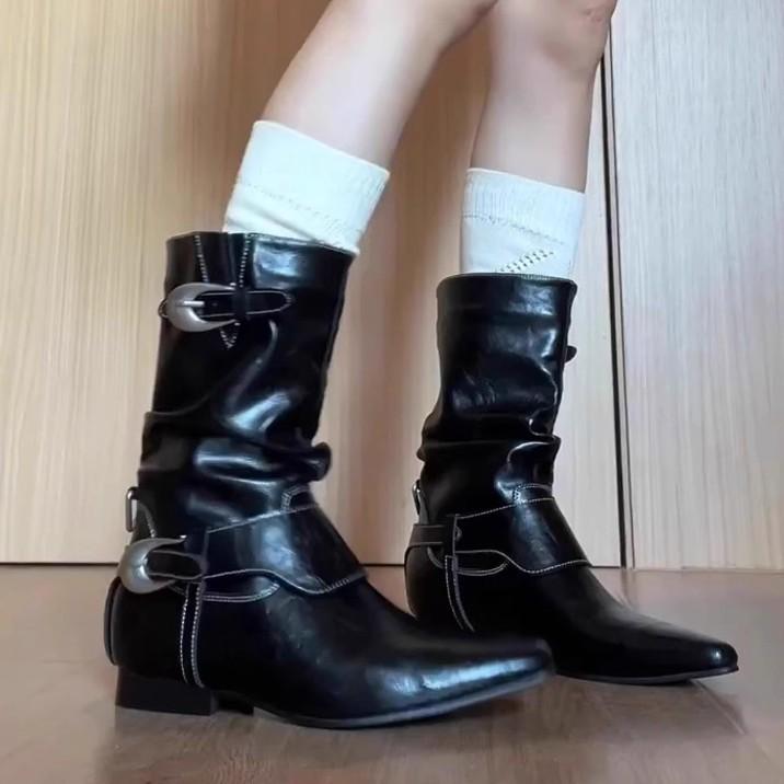 2025 new~ niche design retro Martin boots belt buckle thick heel pointed metal buckle black boots women