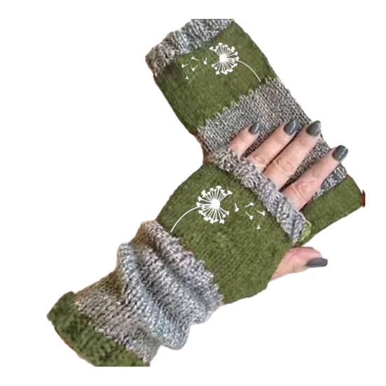 Knitted Fingerless Gloves Women Color-Block Knit Gloves Half-Finger Warm Gloves with Embroidered Dandelion Pattern for Texting Typing Writing