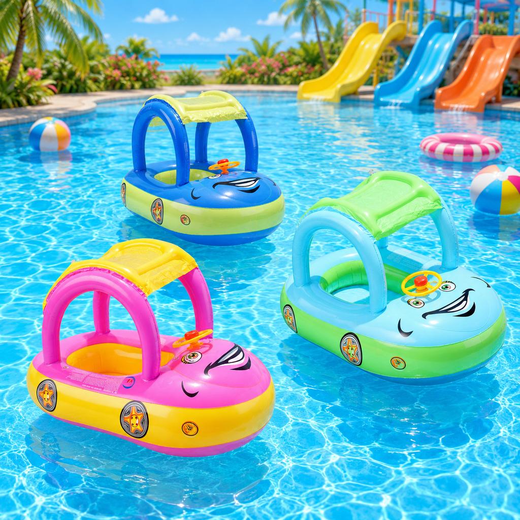 1pc Inflatable Baby Pool Seat Float with Canopy Sun Shade Swim Ring Water Seat Lounge Float with Steering Wheel Handles