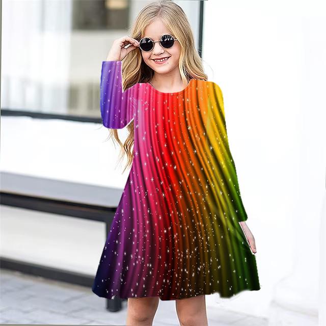 Girl Casual 3D Rainbow Lines Print Round Neck Long Sleeve Dress Kid Princess Dress