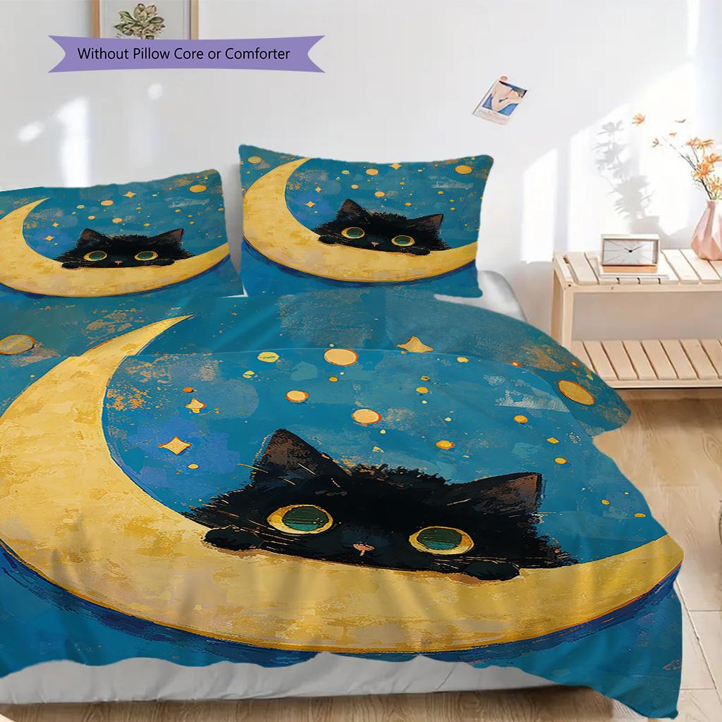 Black Cat Pattern Bedding Quilt Set Quilt Cover Pillowcase Home Decoration Birthday Gift (1 * duvet cover + 2 * pillowcase, without core)