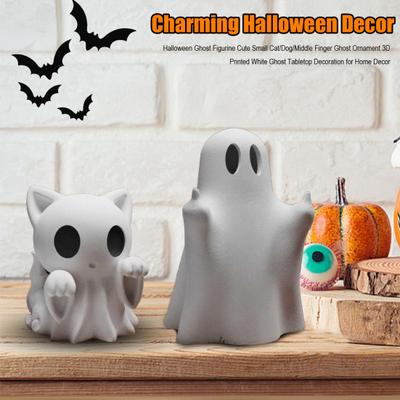 Halloween Ghost Figurine Cute Small Cat/Dog/Middle Finger Ghost Ornament 3D Printed White Ghost Tabletop Decoration for Home Decor