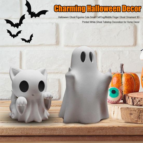 Halloweenská figurka ducha Roztomilá malá kočka/pes/ozdoba ducha se středním prstem 3D tištěný bílý duch Stolní dekorace pro domácí výzdobu