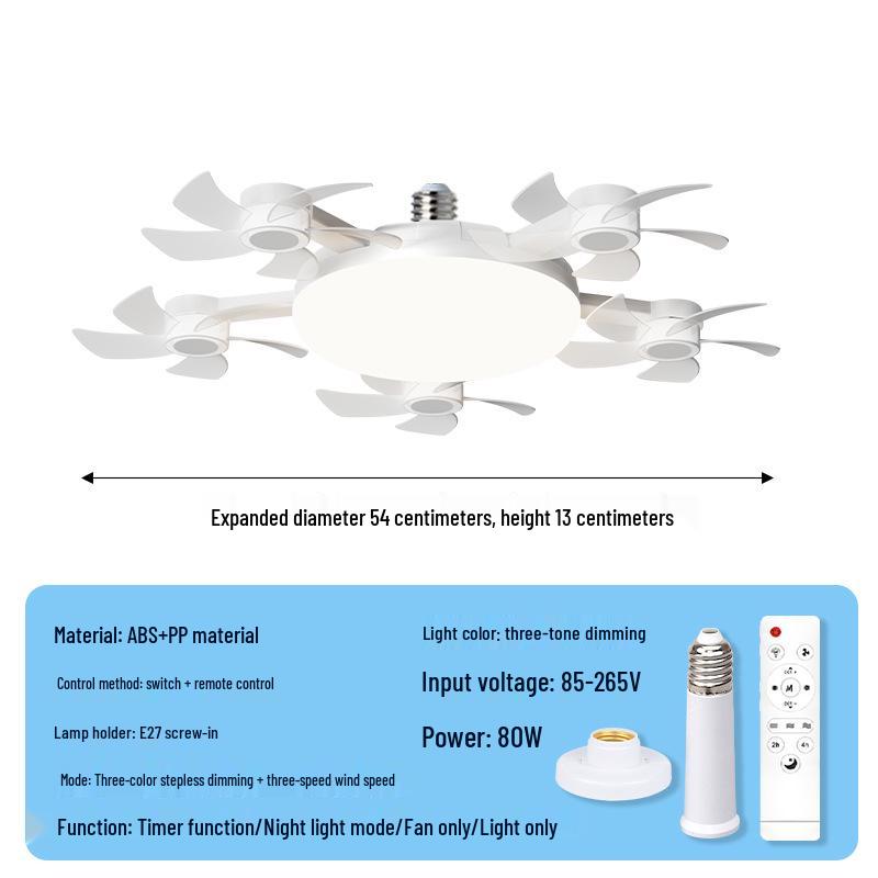 LED Fan Light E27 Base: Silent, Multi-Functional 5-Head Drone Model for Living Room & Bedroom