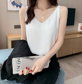 Women's Sleeveless Tank Top V Neck Fresh Sweet Camisole Solid Color Chiffon Backless Casual Summer Layering Blouse