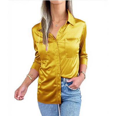 Ladies Spring Summer Long Sleeve Lapel Solid Color Satin Shirt Top
