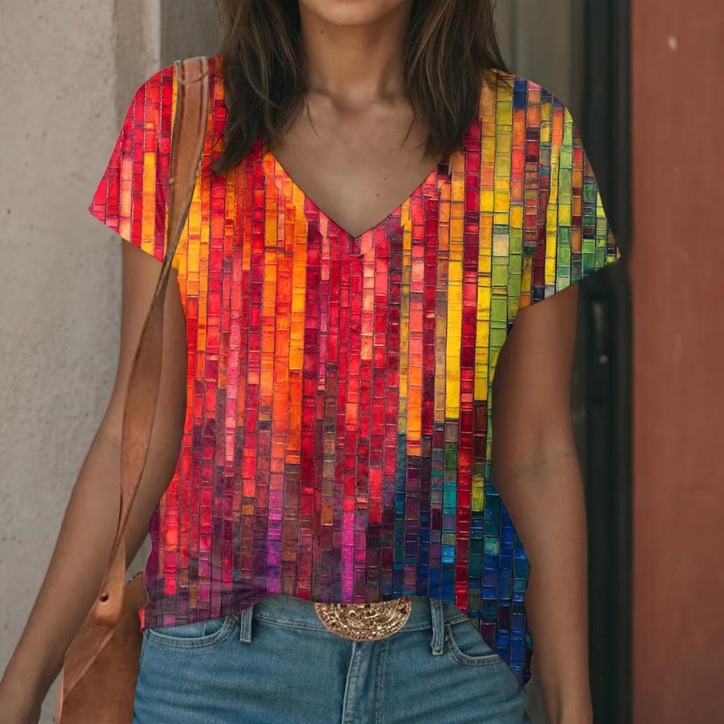 V Neck T Shirt 3d Printed Tees Women Short Sleeve Tops Casual Stretch Breathable Floral T-shirts Plus Size