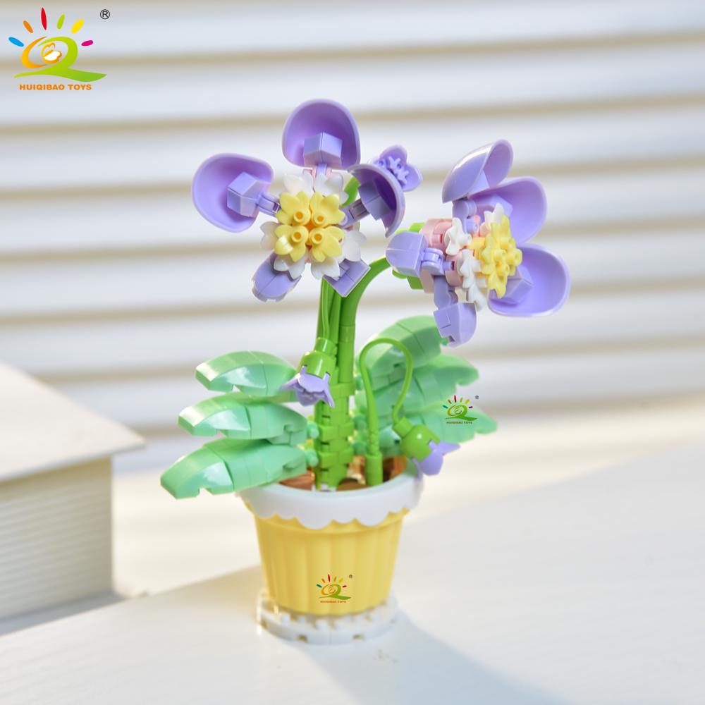 HUIQIBAO MOC Bouquet Potted Plant Micro Building Blocks Eternal Flower Model DIY Home Desk Decoration Brick Toy For Children