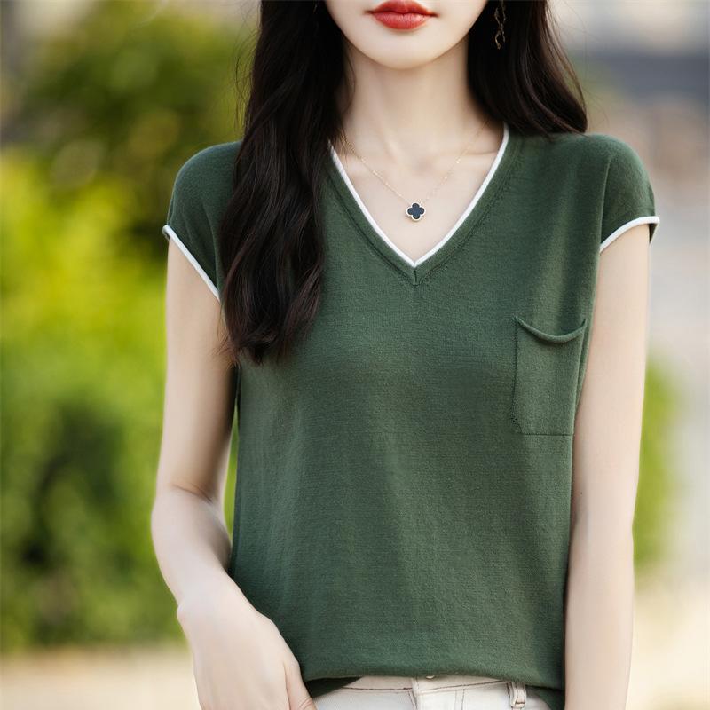 New Summer Cotton Thread V-neck Sweater Short-sleeved T-shirt for Women Contrasting Color Pocket Baggy Versatile Tops Outside Wearing Base Shirt