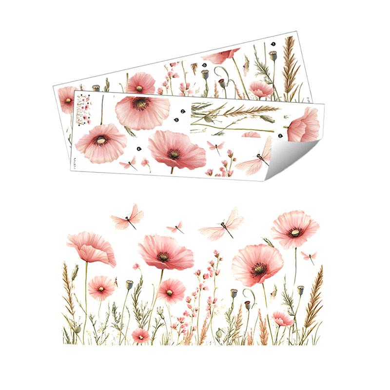 2PCS Watercolor Pink Flower Dragonfly Bedroom Porch Background Wall Beautify Wall Sticker Room Decoration