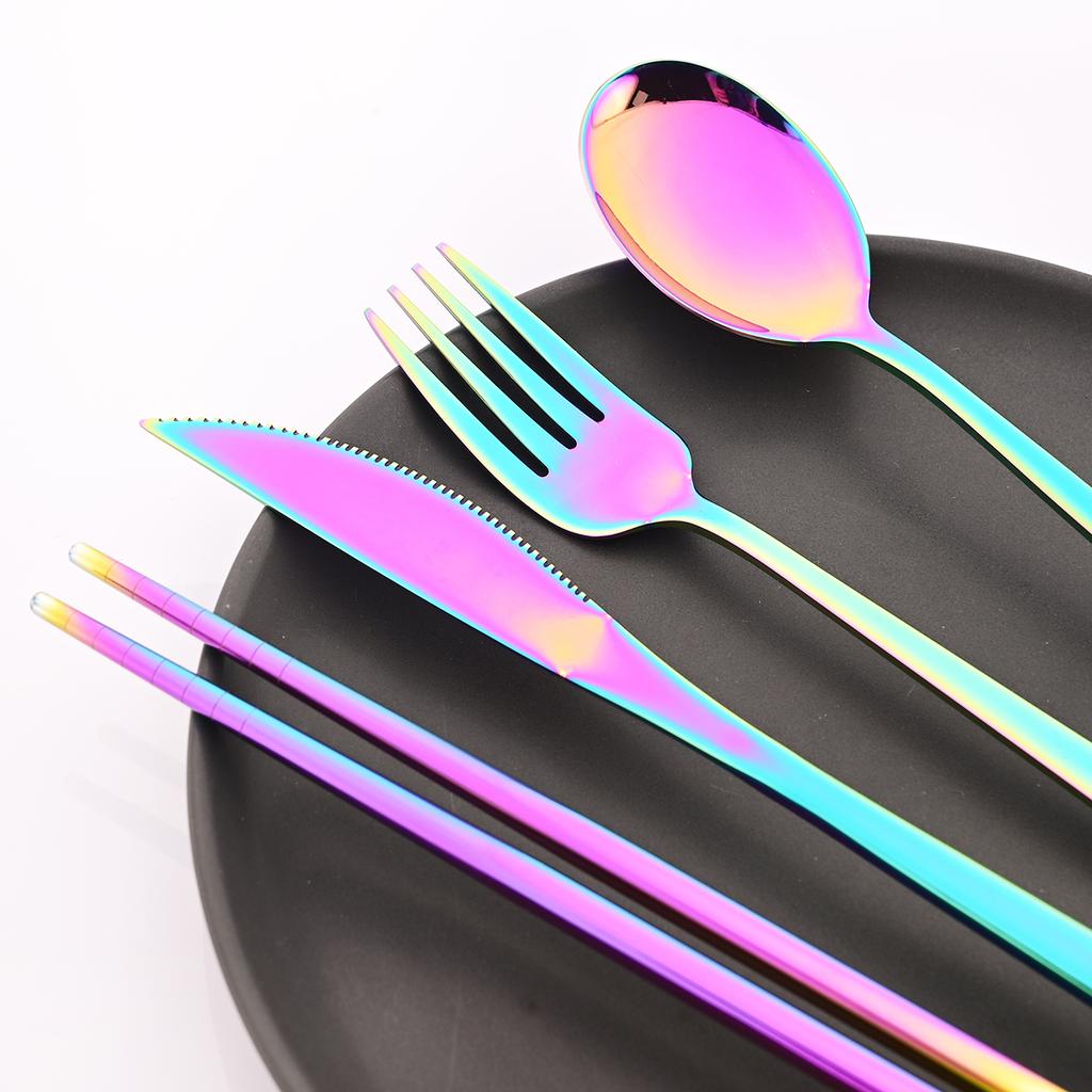 4pcs Colorful Dinnerware Set Knife Fork Spoon Chopsticks Cutlery Set Mirror Stainless Steel Flatware Western Kitchen Tableware