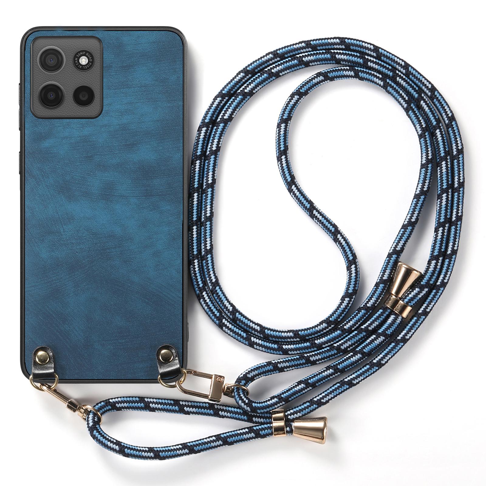 

For Motorola Moto G15 4G Retro Leather Phone Back Cover with Adjustable Strap Blue