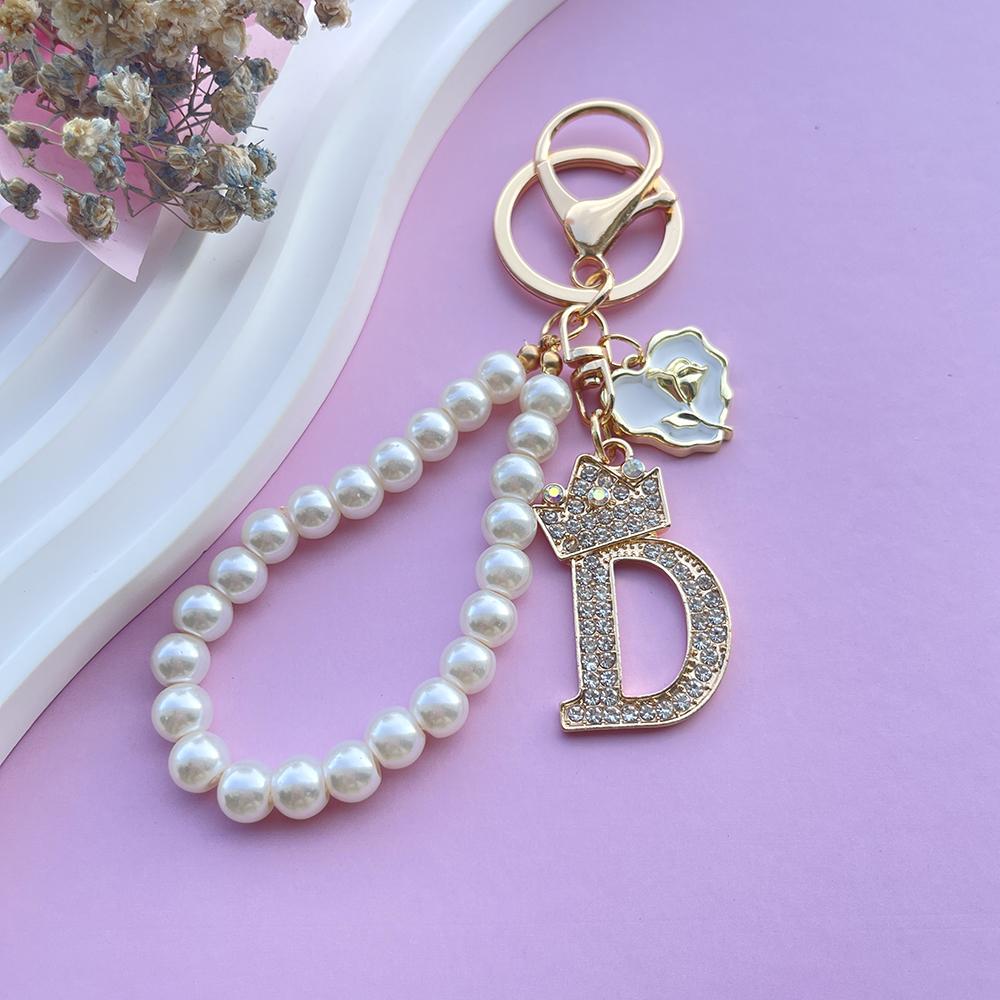Boutique Crown A-Z 26 Initial Letters Rose Keyring Crystal Faux Pearl Resin Beaded Keychain Bag Pendant Women Girl Gifts Jewelry