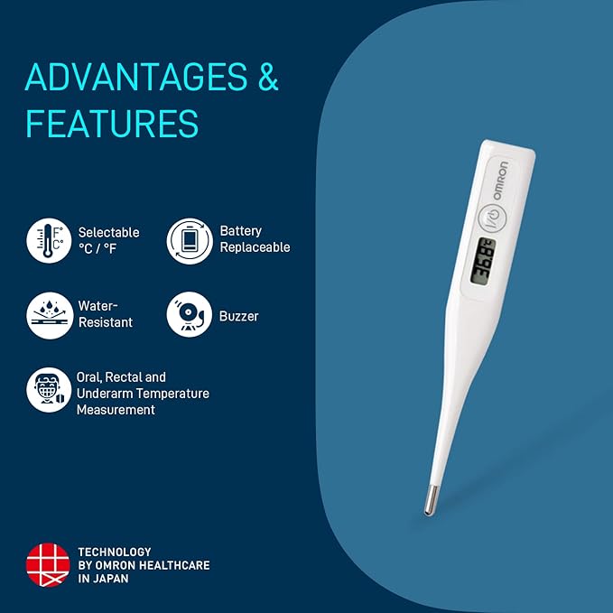 Omron Glass Mc 246 Digital Thermometer, Oral & Underarm Temperature In Celsius & Fahrenheit, Water Resistant For Easy Cleaning