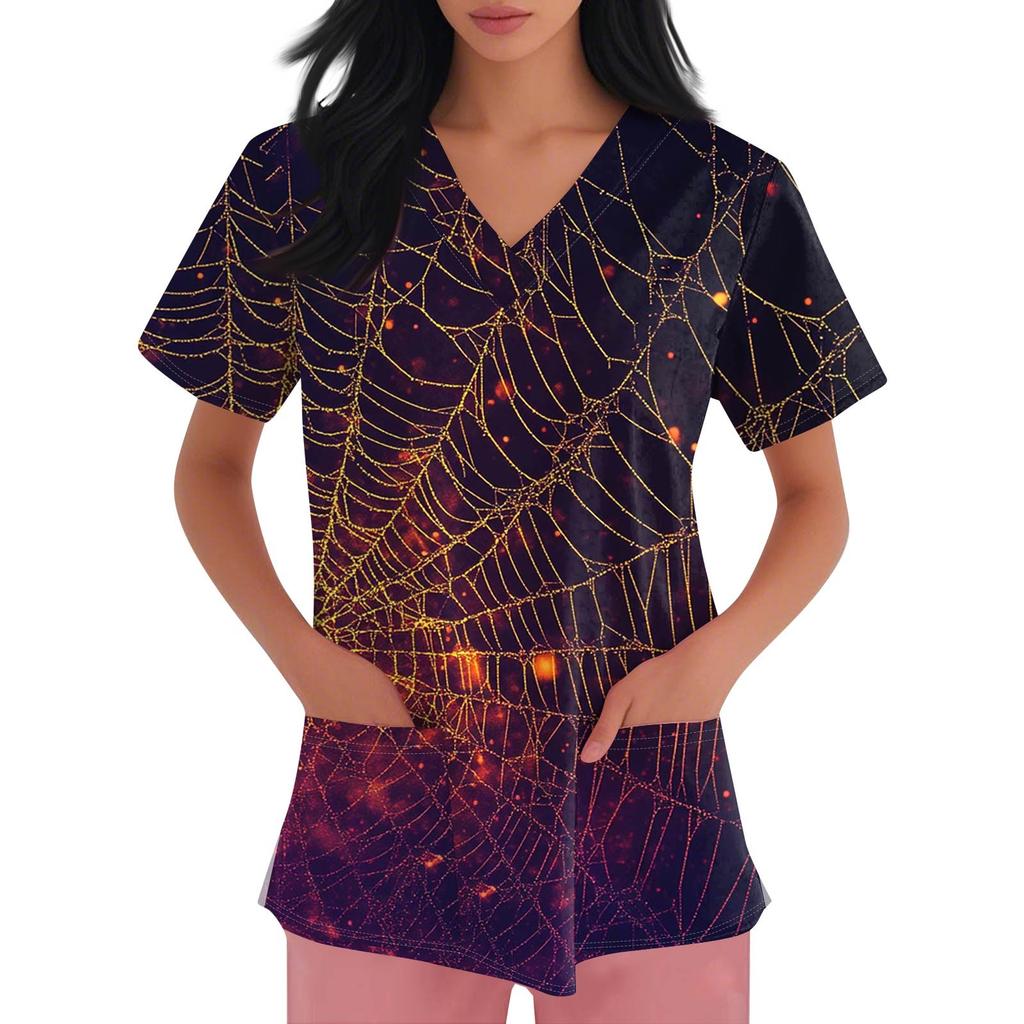 Women's Fashion V-neck Short-sleeved Work Uniform With Pockets, Halloween Print Top
