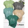 Women's Short-sleeved Round-neck T-shirt with Line Lettering, Bicycle Line Design, English Lettering, Casual Style, Cute Summer wear5Packaged
