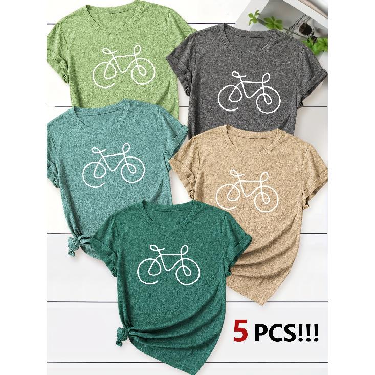 Women's Short-sleeved Round-neck T-shirt with Line Lettering, Bicycle Line Design, English Lettering, Casual Style, Cute Summer wear5Packaged