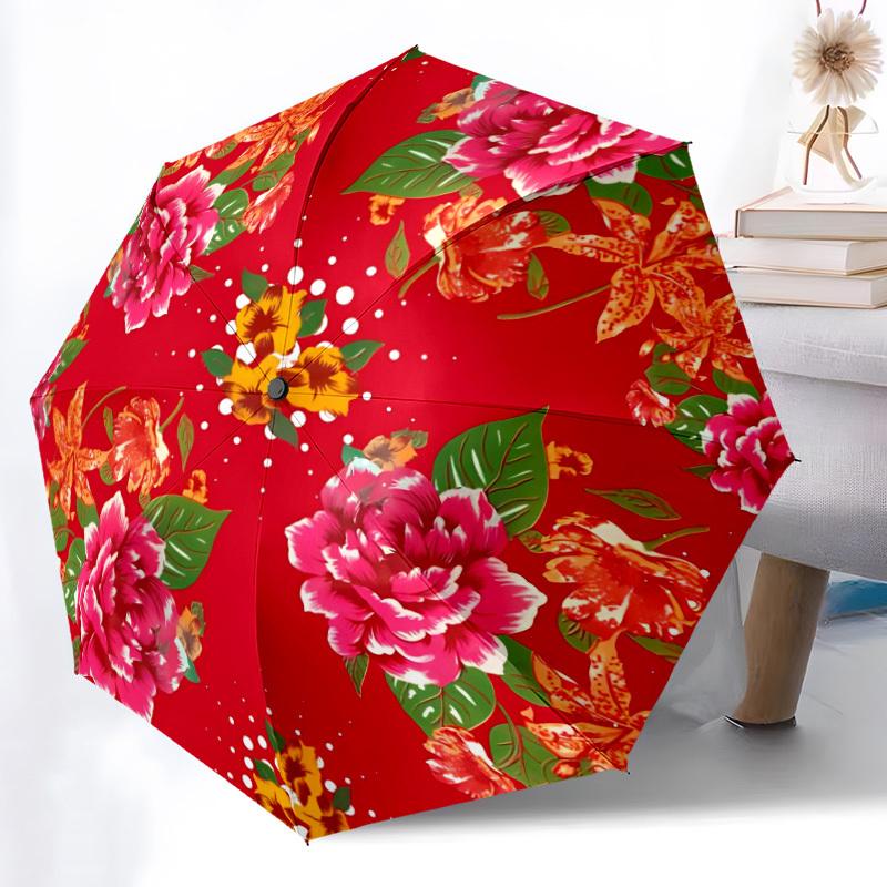 1pc Floral Fabric Automatic Folding Umbrella - 8-Rib Iron Frame, Windproof, Portable Sunshade with Plastic Handle for Travel & Outdoor Activ