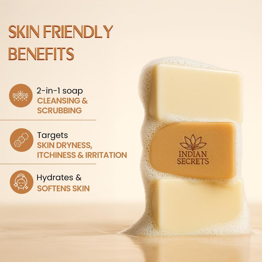 INDIAN SECRETS Scrub Soap with Hyaluronic Acid & Coconut Milk - Moisturizing Body Soap for Soft Skin - Enriched with Niacinamide, Hyaluronic Acid, C