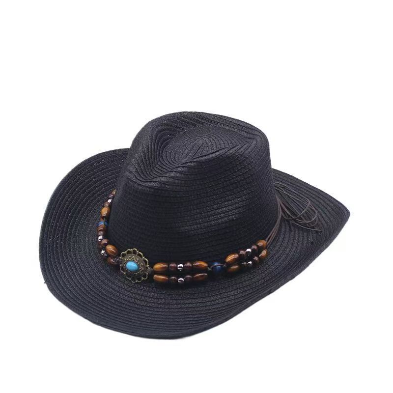 Spring and summer ethnic style western denim straw hat European and American men and women foldable windbreak rope knight sun hat adult
