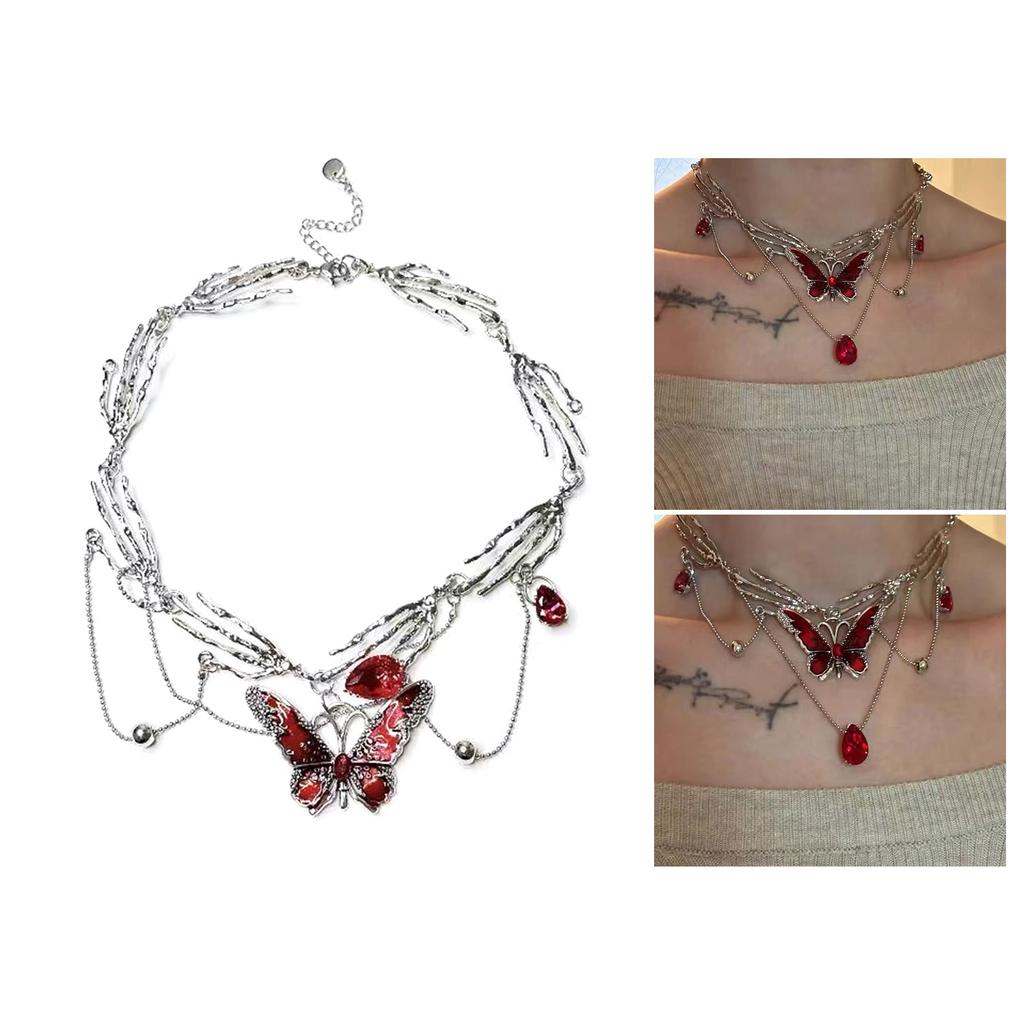 Red Enamel Butterfly Tassels Multi Layer Necklace Elegant Adjustable Length Neckchain Alloy Jewelry Gift for Women