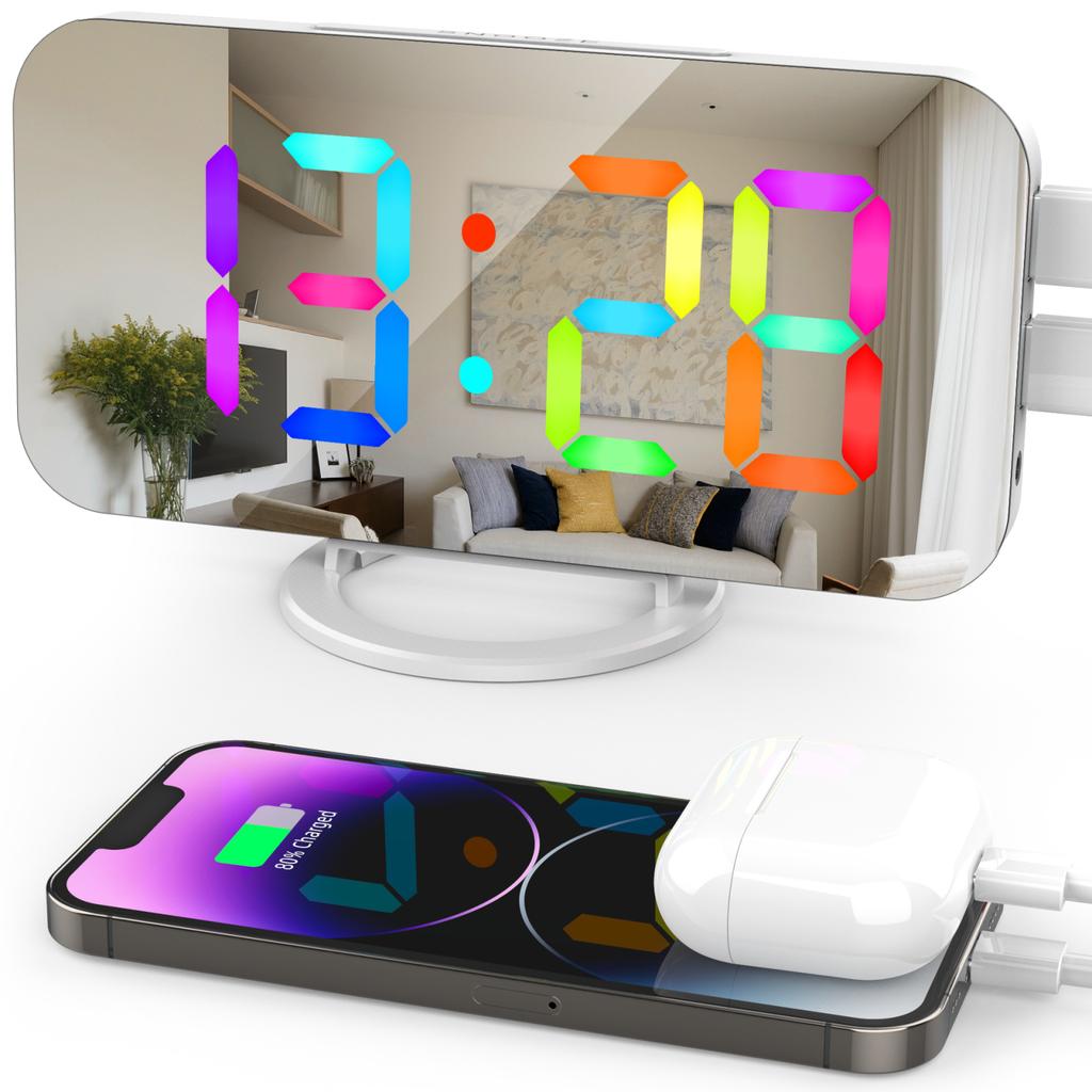 Digital Alarm Clock with Dynamic RGB Light Dimmable Brightness   Snooze Function USB   Port Mirror Clock 12HCelsius24H for Bedroom Home